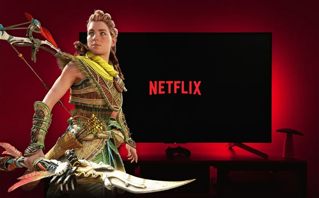 a imagem mostra uma montagem da personagem Aloy, da franquia Horizon, em frente a uma tela preta com o logo da Netflix em um fundo vermelho.